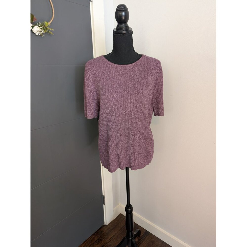 Vintage Laura Scott Women's Ribbed Knit Marled Purple Short Sleeve Sweater - XL